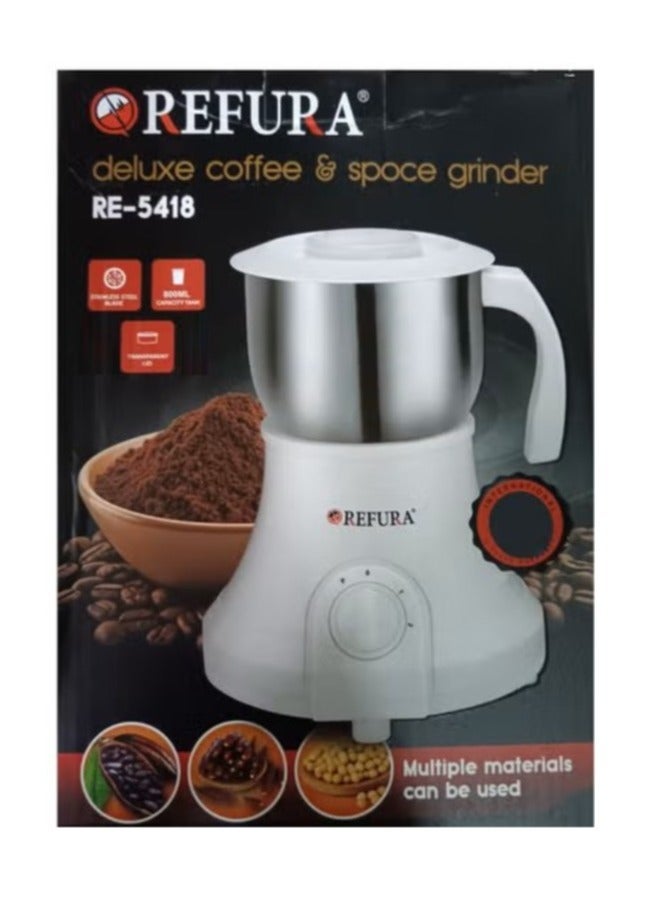 مطحنة قهوة ، آلة طحن متعددة الوظائف، مطحنة حبوب كهربائية، مطحنة الحبوب والتوابل، آلة طحن حبوب القهوة الكهربائية من الفولاذ المقاوم للصدأ للمنزل باللون الأبيض 500 وات RE-5418